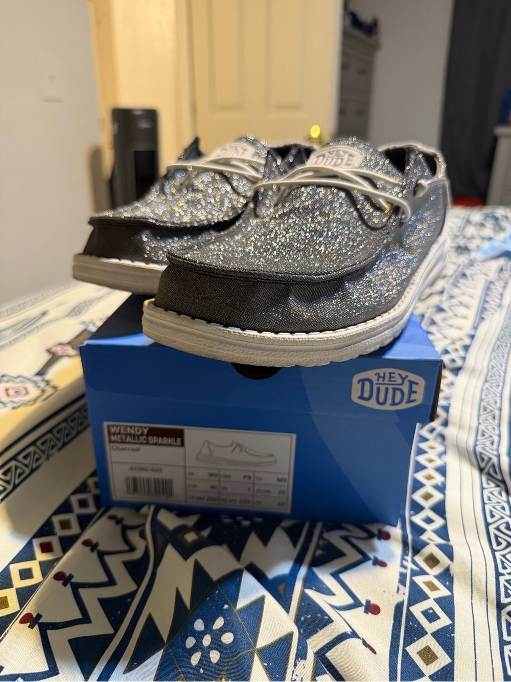 Hey Dude Wendy Glitter Lace-Up Shoes - Silver and Black